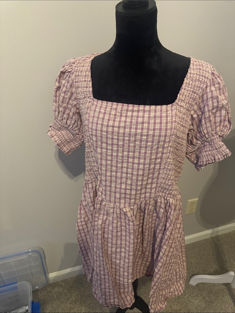 Tecovas Lavender Gingham Square-Neck Puff Sleeve Mini Dress